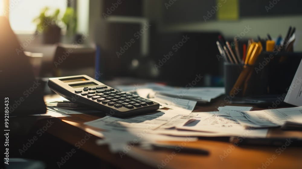 Fototapeta premium Calculator laying on desk with scattered papers in office at sunset