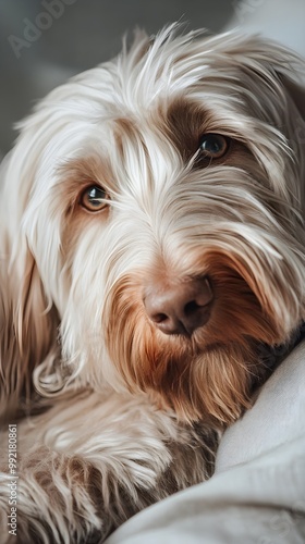 A close-up portrait of a Weimardoodle, highlighting its distinct features and soft, wavy fur on a pale background photo