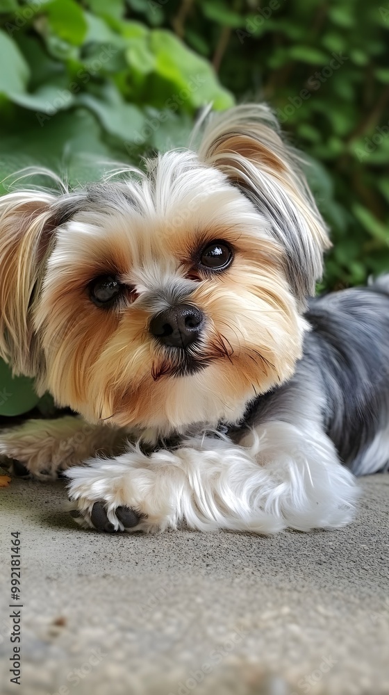 A Yorktese dog lying down in a relaxed pose, surrounded by athat emphasizes its adorable characteristics A Yorktese dog lying down in a relaxed pose, surrounded by athat emphasizes its adorable characteristics