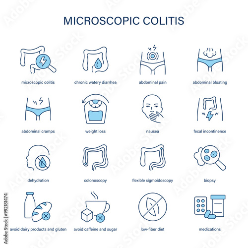 Microscopic Colitis symptoms, diagnostic and treatment vector icon set. Medical icons.	