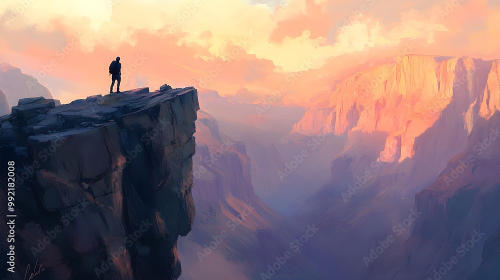 Fototapeta premium A hiker standing on a rocky cliff overlooking a vast valley, with a sunrise illuminating the landscape in soft pastel colors