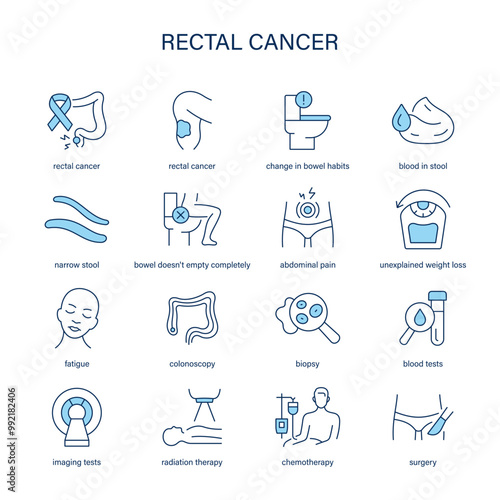 Rectal Cancer symptoms, diagnostic and treatment vector icon set. Medical icons.	