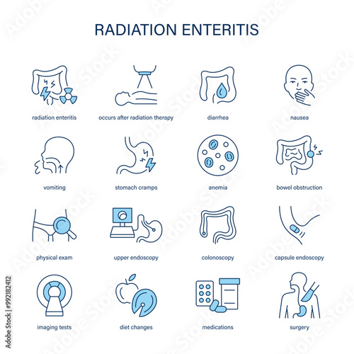 Radiation Enteritis symptoms, diagnostic and treatment vector icon set. Medical icons.