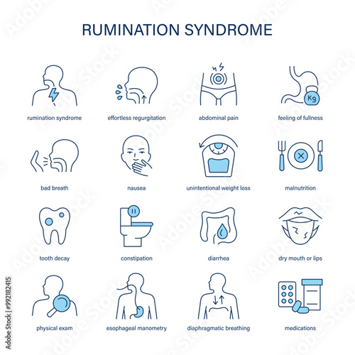 Rumination Syndrome symptoms, diagnostic and treatment vector icon set. Medical icons.	