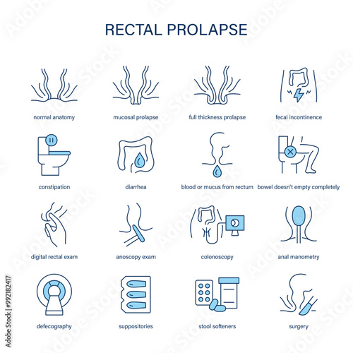 Rectal Prolapse symptoms, diagnostic and treatment vector icon set. Medical icons.	