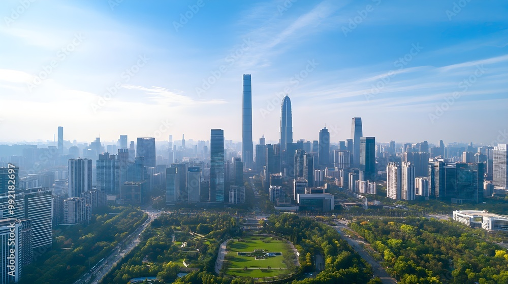 Fototapeta premium A stunning aerial view of a modern cityscape featuring sleek skyscrapers and green parks, with a clear blue sky in the background