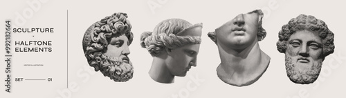 Heads of ancient gods with halftone effect. Monochrome image of Greek and Roman gods.