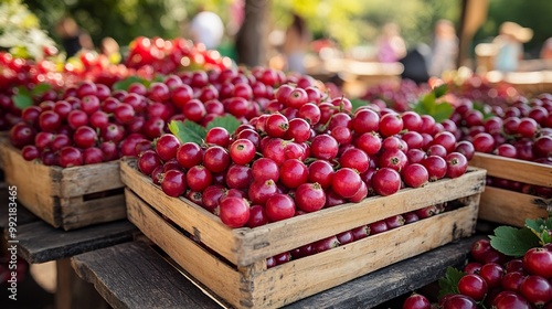 Gooseberries scattered across wooden picnic table at a summer festival with families and children playing in the background evoking joy and community Scientific name Ribes uvacrispa photo