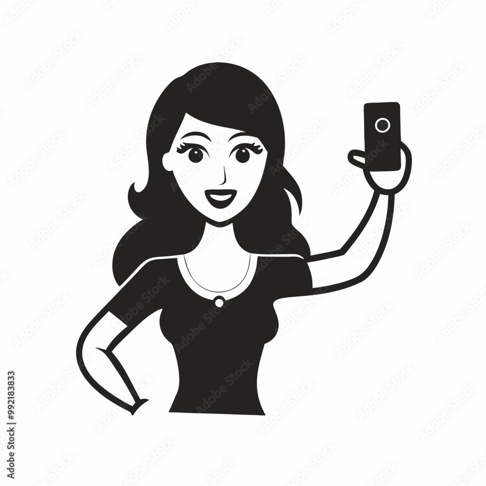 Confident woman taking a selfie with smartphone in black and white illustration Confident woman taking a selfie with smartphone in black and white illustration