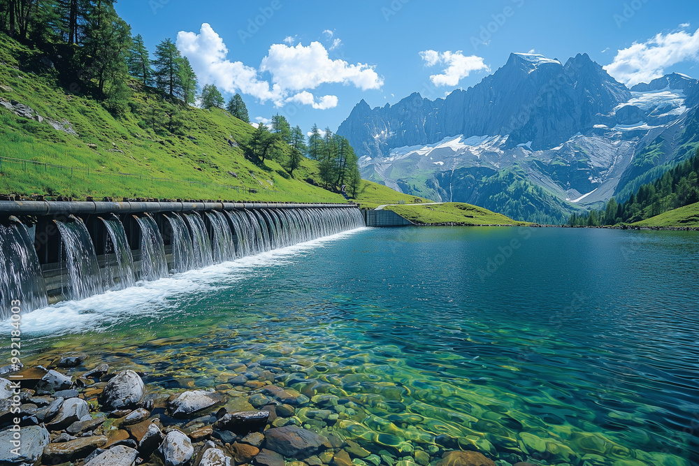 Crystal Clear Mountain Lake with Dam and Snowy Peaks Crystal Clear Mountain Lake with Dam and Snowy Peaks