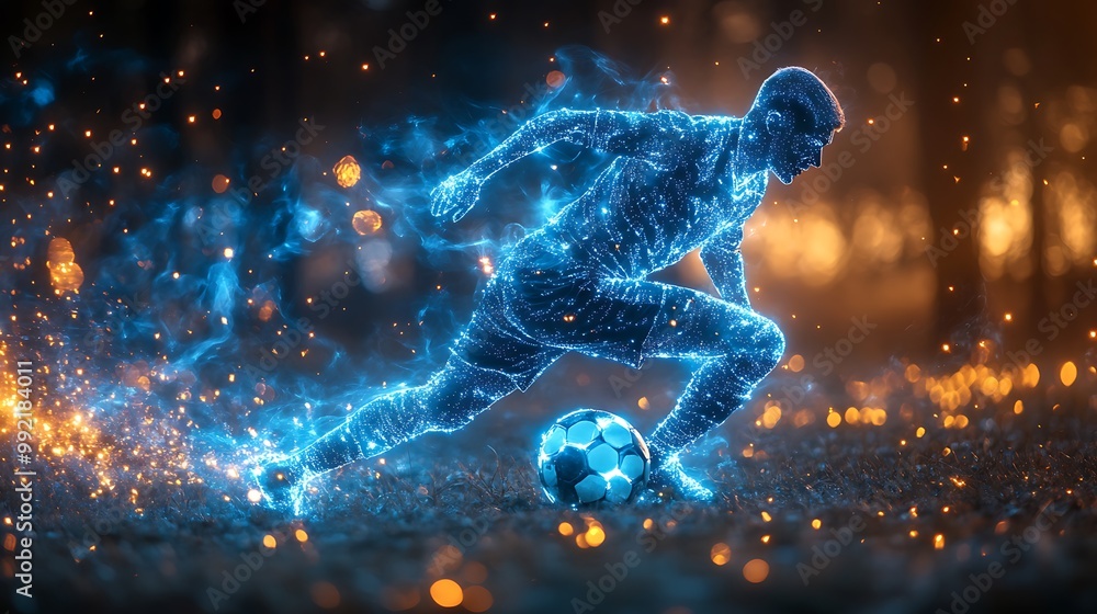 Blue digital soccer player with glowing data, artificial intelligence into athlete performance analysis and training, enhancing player skills, strategy, and overall team performance design Blue digital soccer player with glowing data, artificial intelligence into athlete performance analysis and training, enhancing player skills, strategy, and overall team performance design