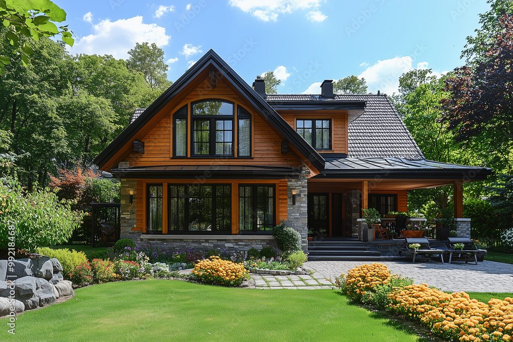 Modern Wooden House with Stone Facade and Landscaped Garden Modern Wooden House with Stone Facade and Landscaped Garden