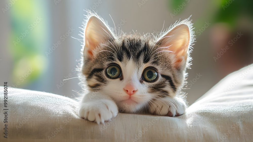 A curious kitten peeking out from behind a cushion, with a blurredemphasizing its bright eyes A curious kitten peeking out from behind a cushion, with a blurredemphasizing its bright eyes