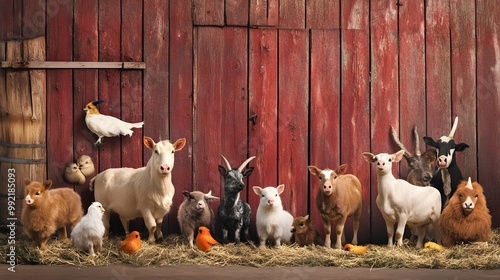 A group of farm animals gathered around a wooden barn, symbolizing unity and cooperation in a pastoral setting