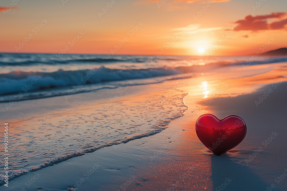 Fototapeta premium Romantic Sunset on the Beach with a Red Heart