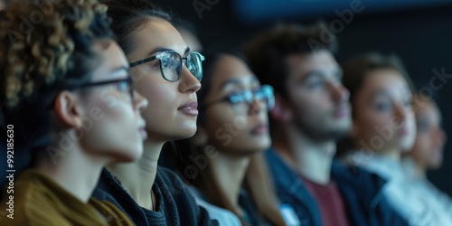 A close-up of a group of scientists at a lecture, listening intently to a presenter