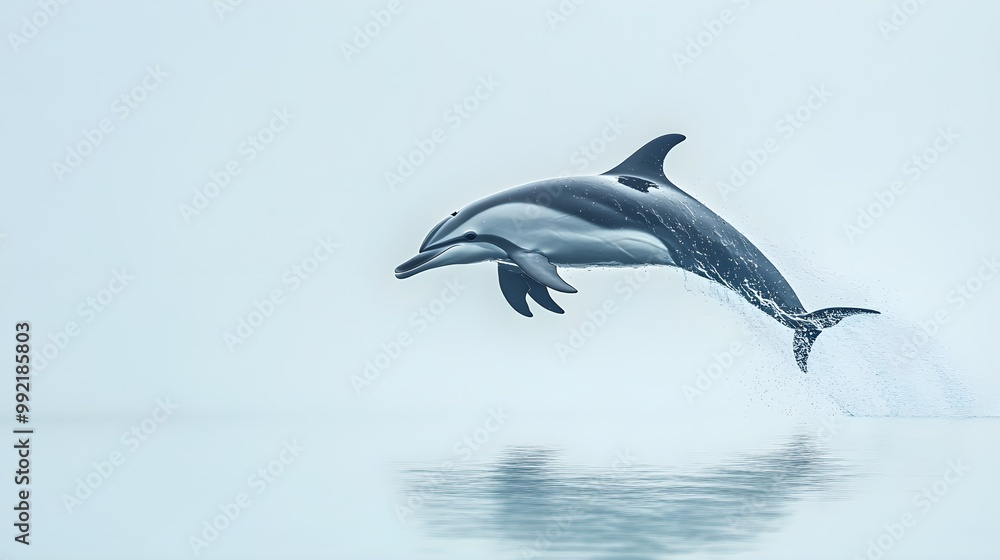 A graceful dolphin silhouette leaping through the air, captured in mid-motion with a light blue background A graceful dolphin silhouette leaping through the air, captured in mid-motion with a light blue background