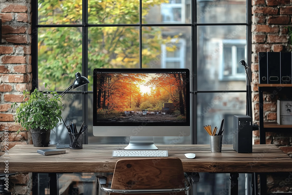 Modern Home Office with Autumnal Forest View Modern Home Office with Autumnal Forest View