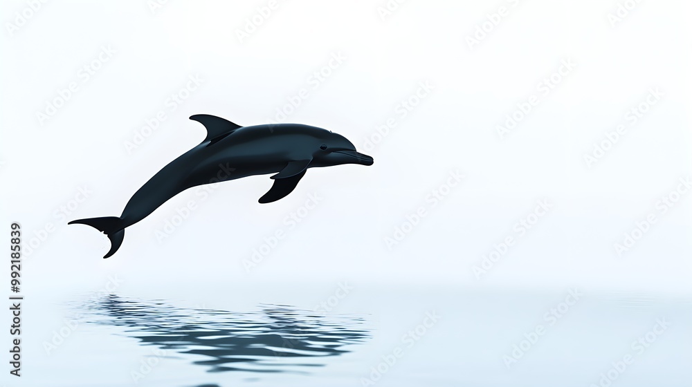 Fototapeta premium A graceful dolphin silhouette leaping through the air, captured in mid-motion with a light blue background