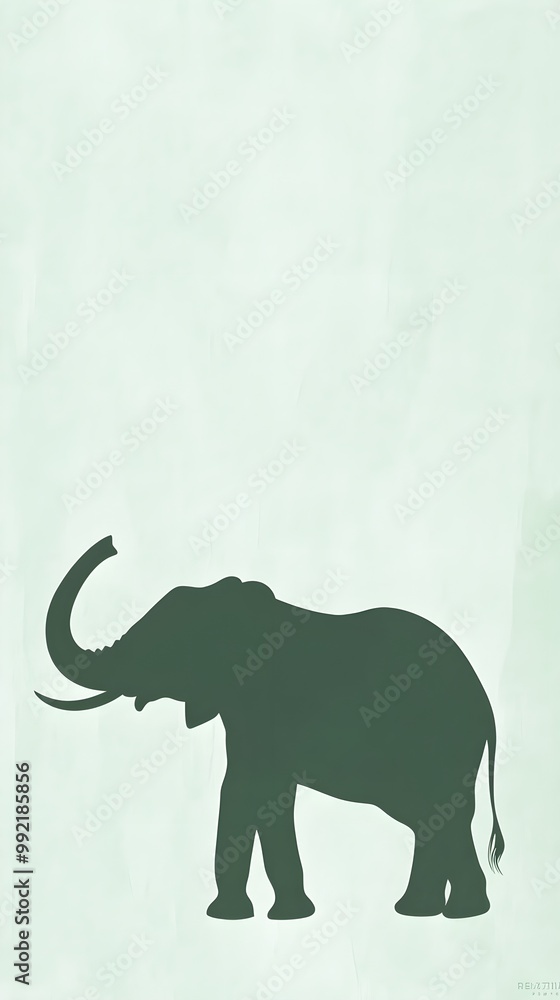 Obraz premium A serene elephant silhouette standing tall, with its trunk raised, set against a pale green background