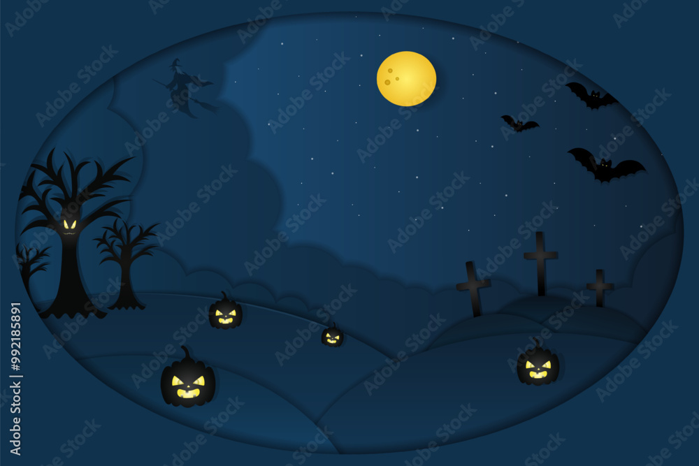 Obraz premium Halloween. Mystical landscape. Oval window. Cutout style. Witch on a broomstick flies in the sky. Full moon. Ominous trees and pumpkins with glowing eyes. Bats fly. Vector illustration.