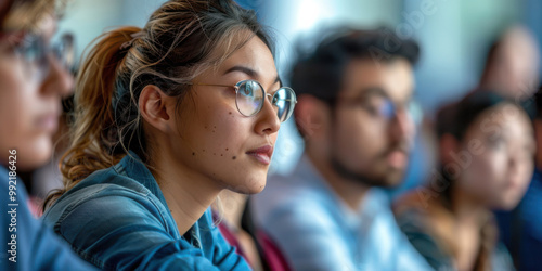 A close-up of a group of scientists at a lecture, listening intently to a presenter