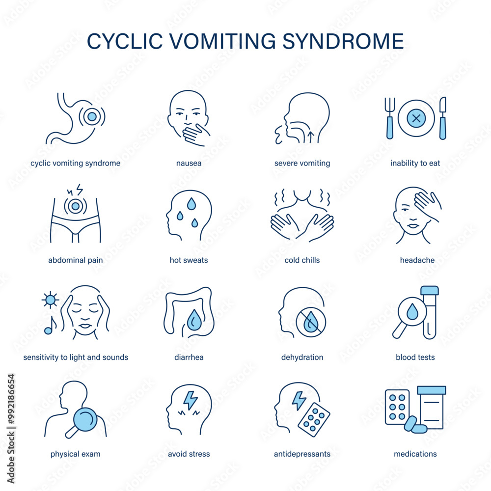 Fototapeta premium Cyclic Vomiting Syndrome symptoms, diagnostic and treatment vector icon set. Medical icons. 