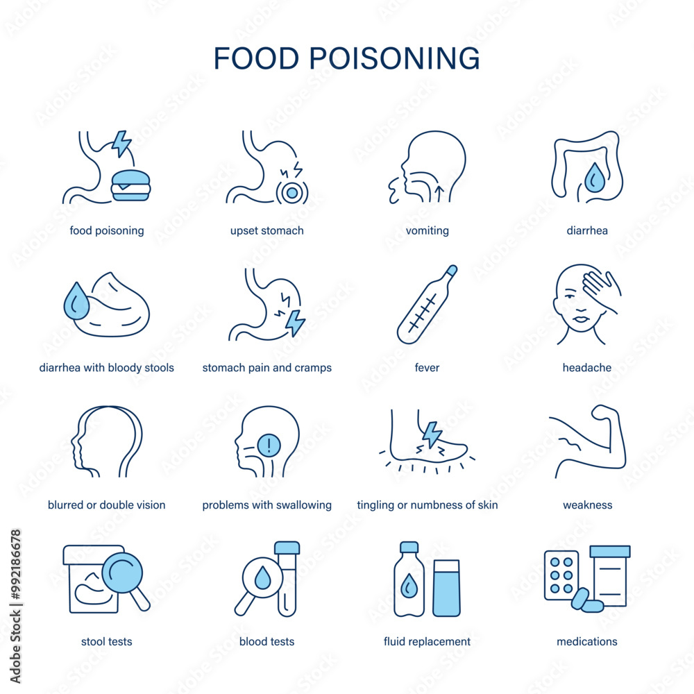 Naklejka premium Food Poisoning symptoms, diagnostic and treatment vector icon set. Medical icons. 