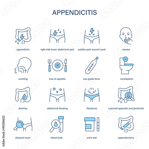 Appendicitis symptoms, diagnostic and treatment vector icon set. Medical icons.	