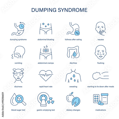 Dumping Syndrome symptoms, diagnostic and treatment vector icon set. Medical icons.	