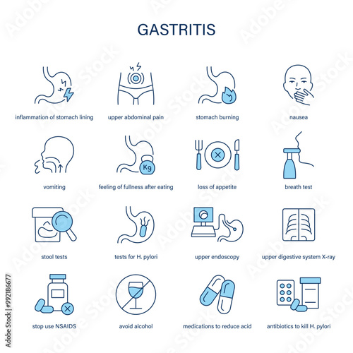 Gastritis symptoms, diagnostic and treatment vector icon set. Medical icons.	