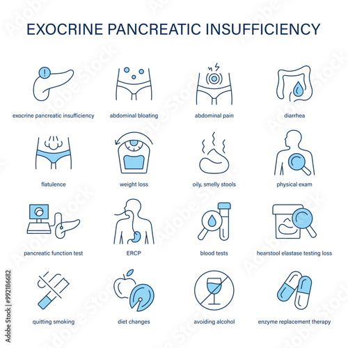 Exocrine Pancreatic Insufficiency symptoms, diagnostic and treatment vector icon set. Medical icons.	