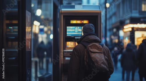Man withdrawing money from atm in city at night