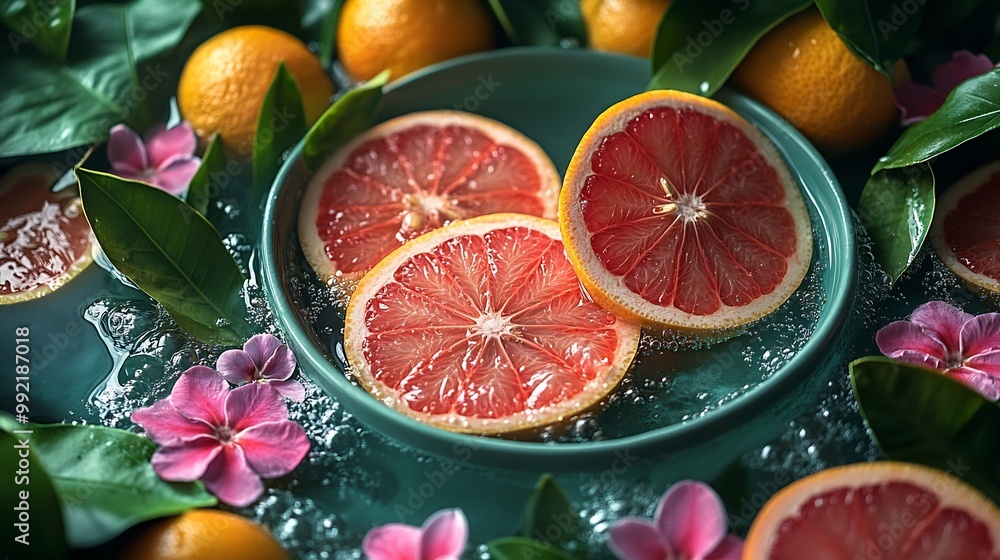 Grapefruit slice gently floating glass bowl of sparkling water upscale spa lush greenery brightly colored herbal tea softly visible behind promoting serene refreshing environment Scientific name Grapefruit slice gently floating glass bowl of sparkling water upscale spa lush greenery brightly colored herbal tea softly visible behind promoting serene refreshing environment Scientific name