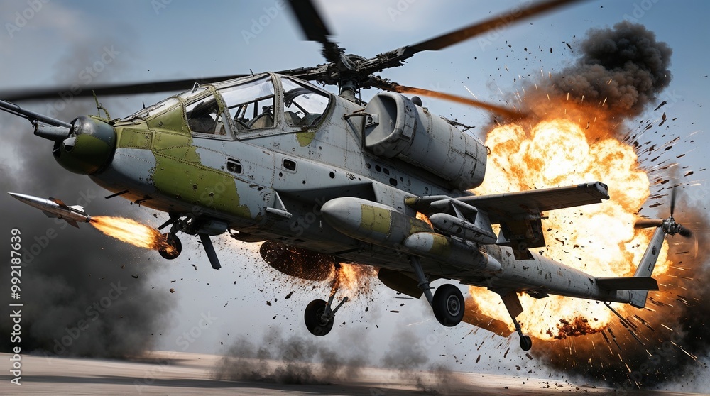Military helicopter in action with explosion and firing in the background Military helicopter in action with explosion and firing in the background