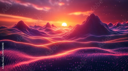 this Digital wireframe landscape with mountains at sunset, presenting a futuristic and abstract concept.