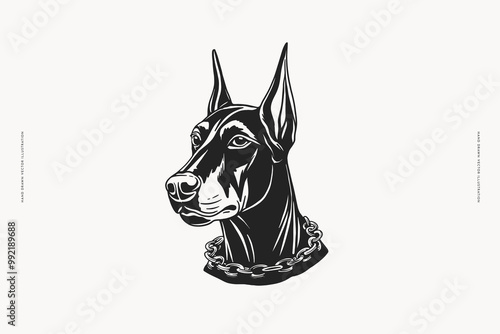 Illustration of doberman dog with chain collar. Hand drawn vector isolated illustration.