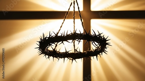 Crown of thorns hangs against a backlit cross at sunset.