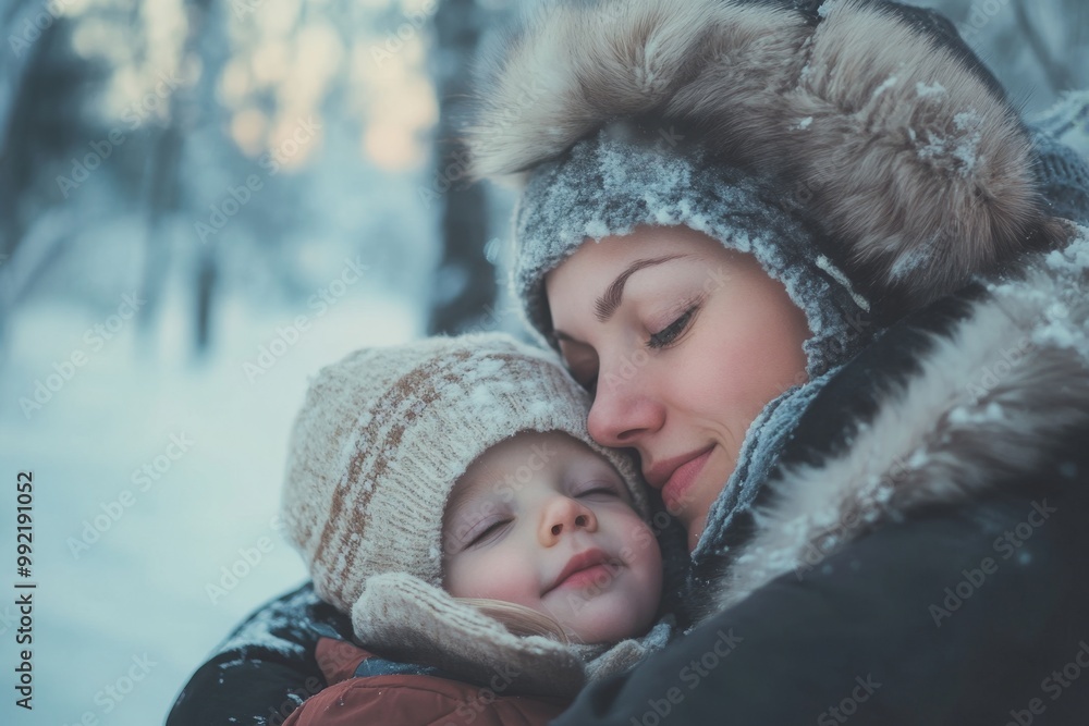 Mother holding sleeping child in snowy forest Mother holding sleeping child in snowy forest