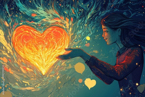 fantastical love illustration, a surreal artwork of a person extracting a luminous heart from their chest and presenting it to somebody, symbolizing love as a radiant gift photo