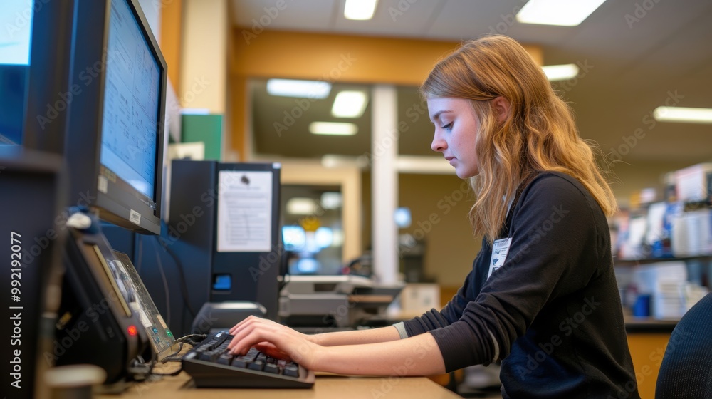 Young woman working on a computer at the library Young woman working on a computer at the library