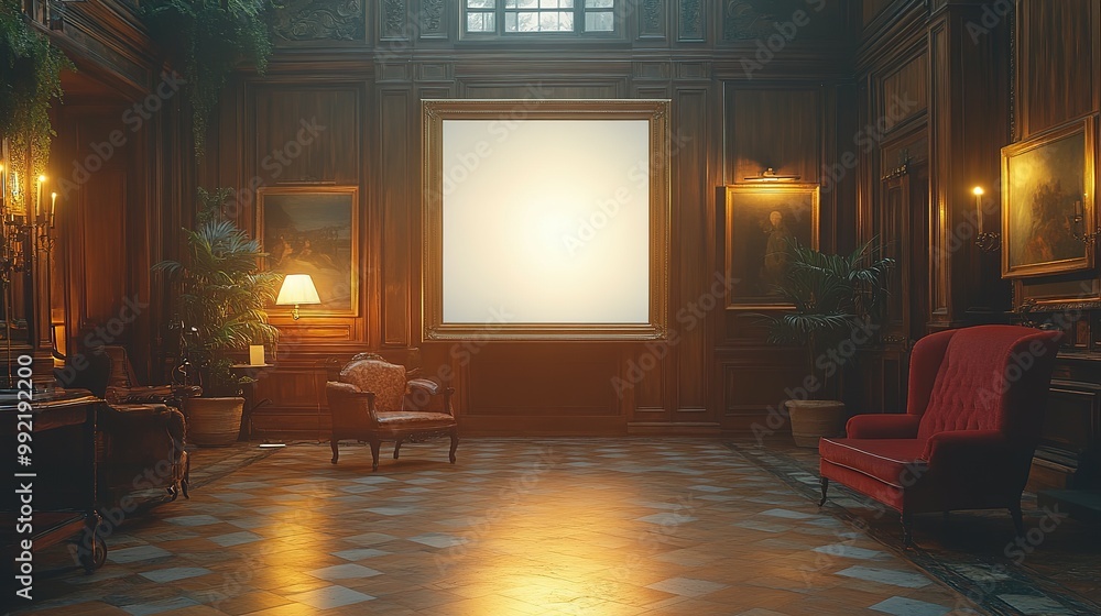 An Elegant Room with a Large Empty Picture Frame and Ornate Wooden Paneling