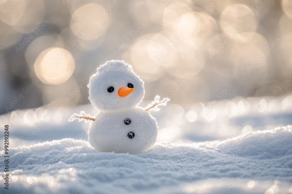Small snowman standing on a snowy surface with bokeh background Small snowman standing on a snowy surface with bokeh background