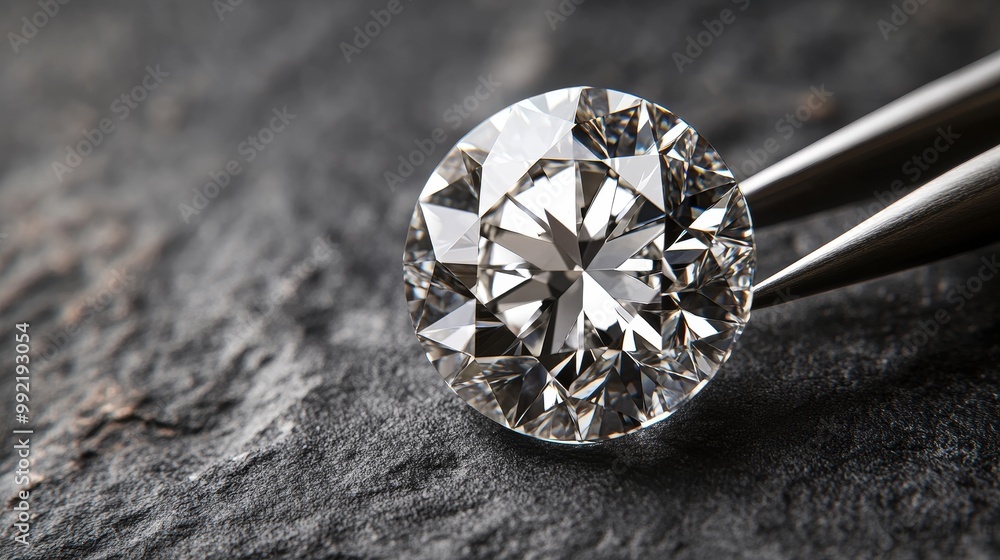 A solitary diamond caught by tweezers on a textured grey table, highlighted by soft light. Great for jewelry catalogs or luxury branding. Space for text A solitary diamond caught by tweezers on a textured grey table, highlighted by soft light. Great for jewelry catalogs or luxury branding. Space for text