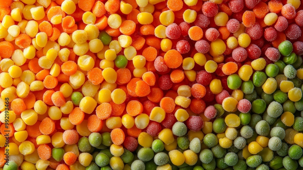 A vibrant, frosted medley of peas, carrots, corn, and beans, spread evenly across a textured background, icy details highlighted A vibrant, frosted medley of peas, carrots, corn, and beans, spread evenly across a textured background, icy details highlighted