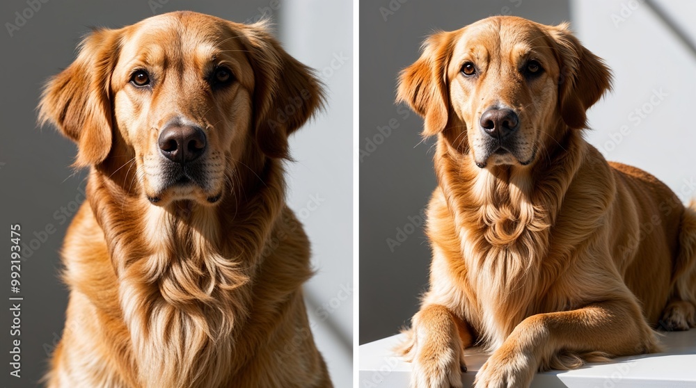Golden retriever dog poses in natural light with relaxed demeanor Golden retriever dog poses in natural light with relaxed demeanor