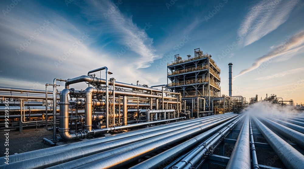 Industrial facility with extensive piping and structures at sunset Industrial facility with extensive piping and structures at sunset
