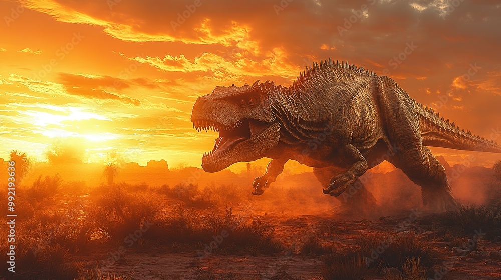 Fototapeta premium A Tyrannosaurus Rex Roaring at Sunset in a Desolate Landscape