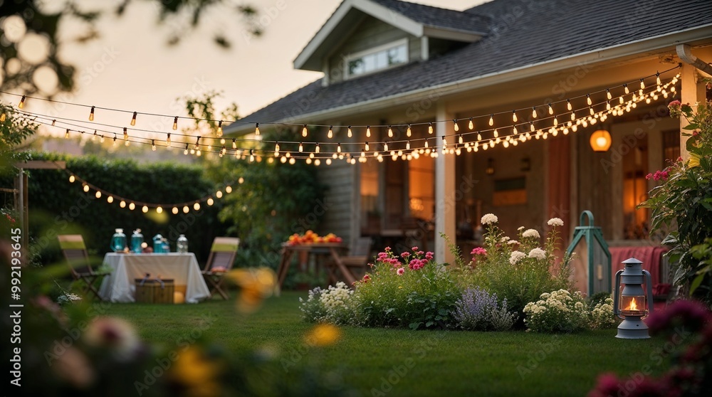 Charming backyard with string lights and blooming garden flowers Charming backyard with string lights and blooming garden flowers