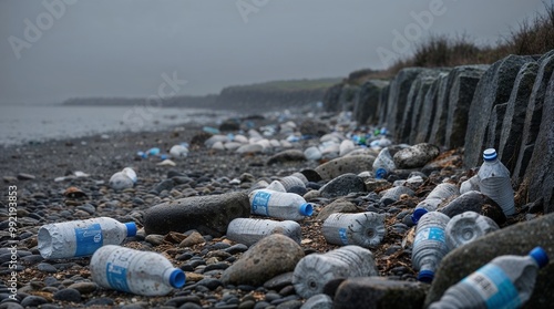 Littered beach with plastic bottles on a gray, overcast day photo